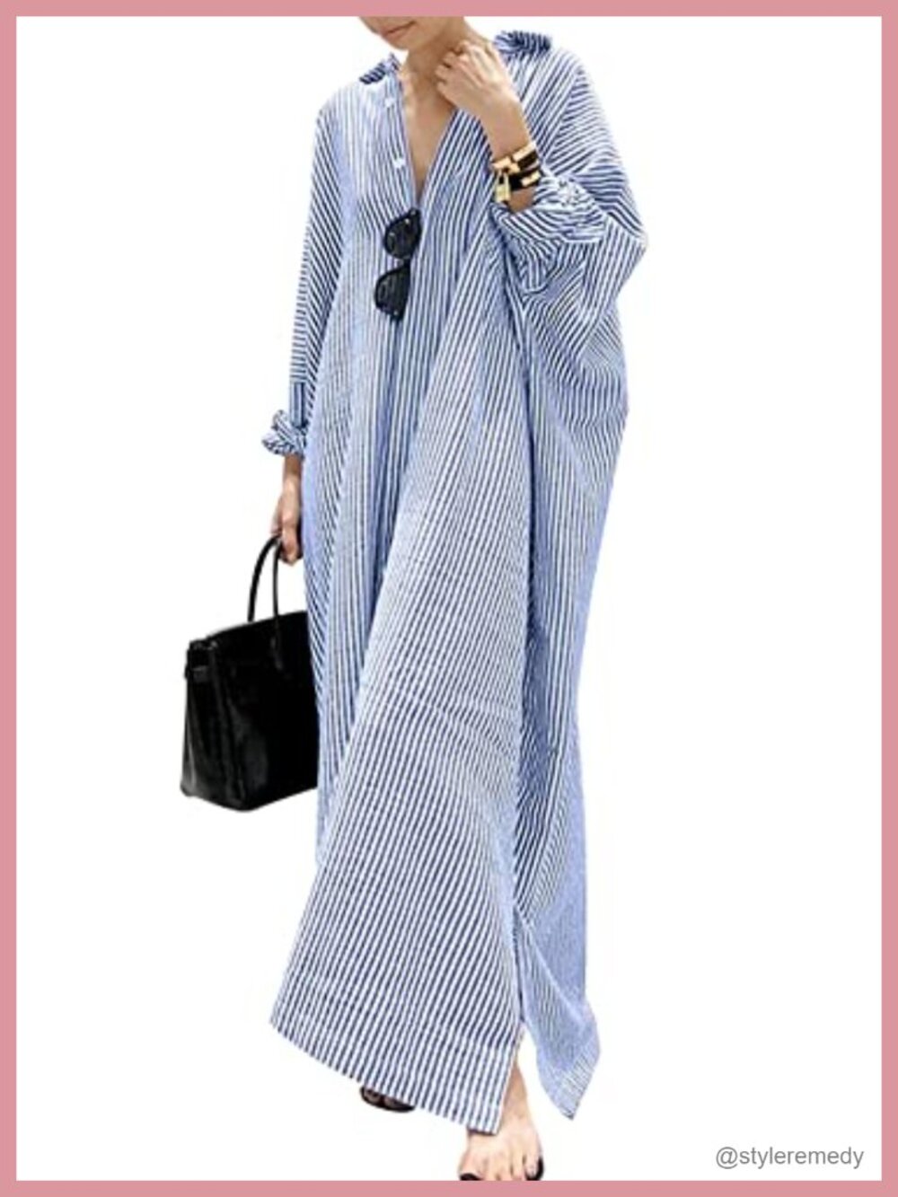 Women's Cotton Maxi Shirt Dress Long Sleeve Button Down Striped Casual